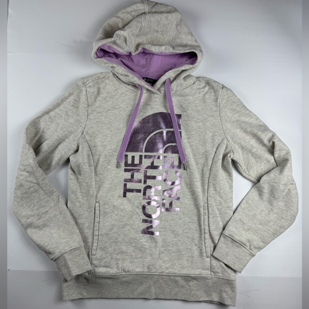 The North Face Half Dome pullover hoodie in gray with purple logo size medium